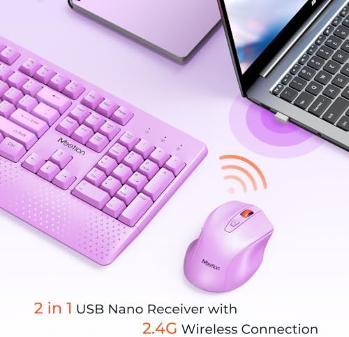 MEETION Wireless Keyboard and Mouse Combo, Full-Size with Wrist Rest Purple