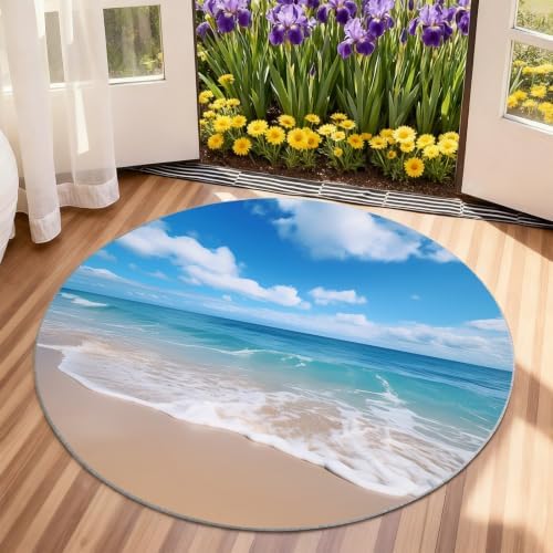 Ocean Theme Round Rug - 4ft Washable Ocean Round Area Rug for Living Room, Natural Landscape Circle Rugs Soft Non-Slip Carpet for Bedroom Kitchen Dining Table Decor Mat