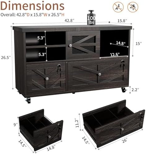 Gray Lateral File Cabinet with Lock, 2 Drawer Rolling Filing Cabinet for Home Office, Mobile Storage Cabinet with Open Shelves & Sliding Door, Fits Legal/Letter/A4 Files, Herringbone Design