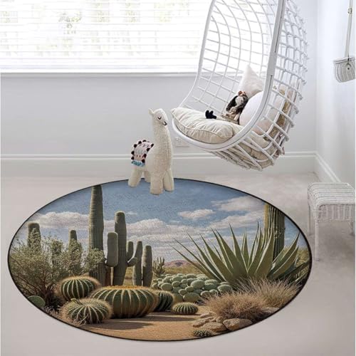 Natural Desert Round Office Chair Mat for Tile Floors, Cactus Landscape Style Anti-Slip & Wear-Resistant Multi-Purpose Mat for Rolling Chairs & Computer Desks, Earth Blue Diameter 39.4 in