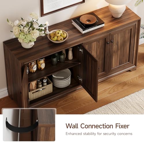 60" Buffet Cabinet with Storage, 4 Doors & Adjustable Shelves Brown