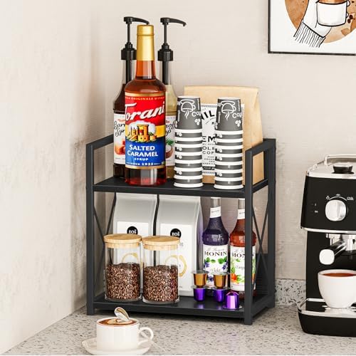 Giikin Countertop Organizer, 2 Tier Coffee Station Organizer for Desktop, Wood Counter Shelf Spice Rack for Kitchen (Black, M)