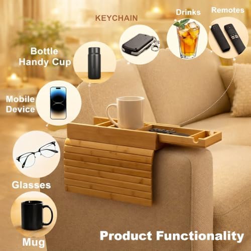 Bamboo Sofa Armrest Tray with Detachable Cup Holder, Couch Arm Tray Table with Phone Holder, TV Remote Organizer, Foldable Anti-Slip Sofa Armrest Caddy for Drinks, Snacks & Living Room