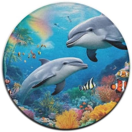 Large Round Area Rug Home Decor Modern Bathroom Rug Kitchen Office Circle Rug for Living Room Sofa Circle Cute Mat Blue Ocean Underwater World Dolphin Art, 60inch
