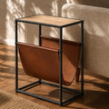 Narrow Side Table with Leather Storage Holder Black End Table