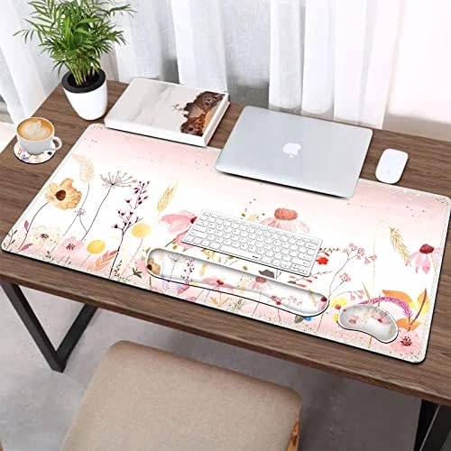 AIMSA Keyboard Mouse Pad Wrist Rest, Extended Gaming Mouse Pad +Wrist Support, Ergonomic Memory Foam,XXL Large Mousepad Easy Typing Pain Relief, 4Pcs (35×15.7 in) Desk Mat, Pink Flowers