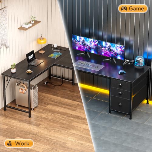 63" L Shaped Desk, Computer Corner Desk with Outlets, Black
