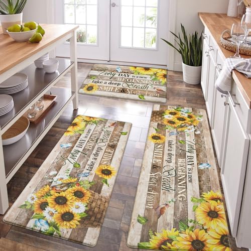 Likiyol Sunflower Kitchen Mats for Floor [3 PCS] Anti Fatigue Mats for Kitchen Floor, Floral Farmhouse Kitchen Rugs Non Slip Washable Comfort Kitchen Decor Mat, 18'' x 30'' + 18'' x 48'' + 18'' x 60''