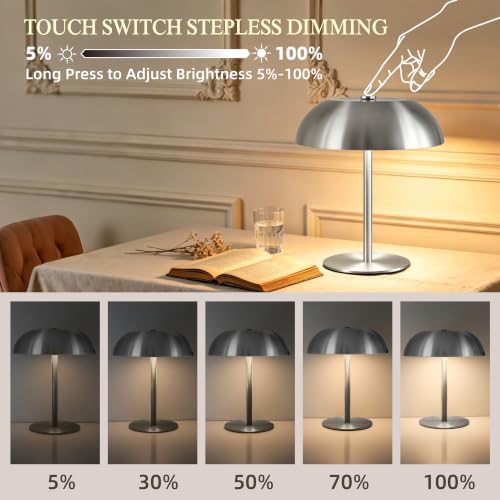 2 Pack Portable LED Mushroom Table Lamp, 12H Cordless Metal Night Light with Rechargeable Battery, Stepless Dimmable 3 Colors Desk Lamp for Bedroom Bar Coffee Shop(Brushed Silver)