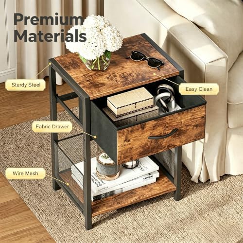 YAUKOMEL Night Stand with Fabric Drawer for Bedroom,Rustic Brown Nightstand