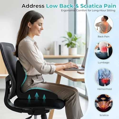 Memory Foam Seat Cushion with Lumbar Support Pillow for Truck Driver, Ergonomic L-Shaped Car Seat Cushion for Tailbone Pressure Relief, Non-Slip Chair Pad for Long Driving, Black