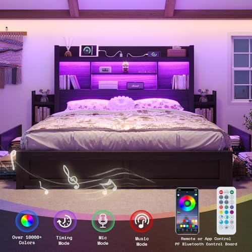 King Size Bed Frame with Bookcase Headboard & Storage, Black