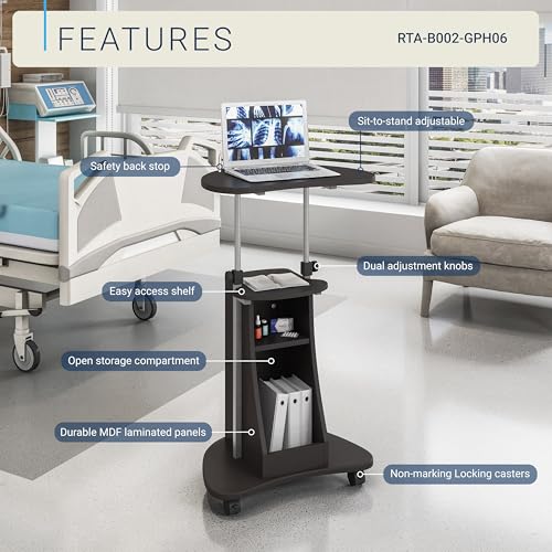 Adjustable Height Rolling Laptop Cart with Storage, Graphite