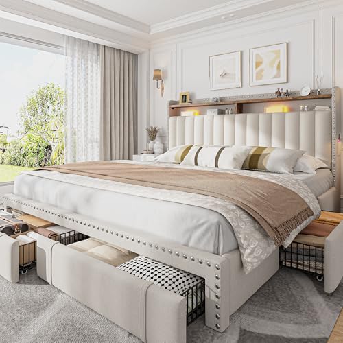 King Size Bed Frame with 4 Storage Drawers & Storage Headboard