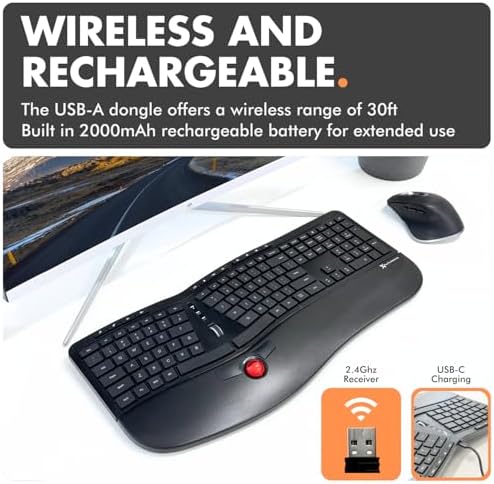 X9 Performance Ergonomic Wireless Keyboard with Trackball - Rechargeable, Backlit, Built in Mouse Buttons - 2.4G Split Keyboard Wireless for Windows PC and Chrome - All in One Typing Solution