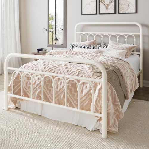 Full Size Metal Platform Bed Frame with Headboard, Cream