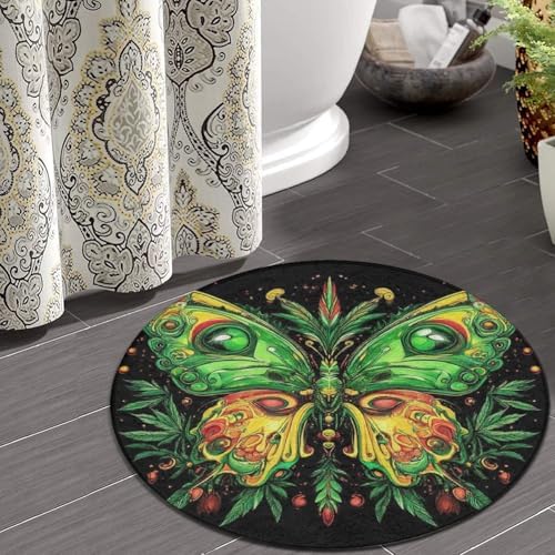 Machine Washable Modern Round Area Rug, Room Sofa Yoga Soft Round Carpet, Home Decor Non Slip Kitchen Office Circle Rug Butterfly Weed Leaf Art, 36inch