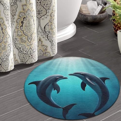 Large Home Decor Mat, Soft Round Yoga Carpet, Non Slip Machine Washable Home Office Circle Rug Dolphins