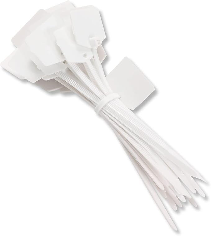 4 in Marker Nylon Cable Ties, Plastic Water Proof Tags, Self-Locking Written-on Cord Marker, Security Seals Label for Cabling, Wire Marking Label, Shipping Hanging Tags - White/ 100pcs
