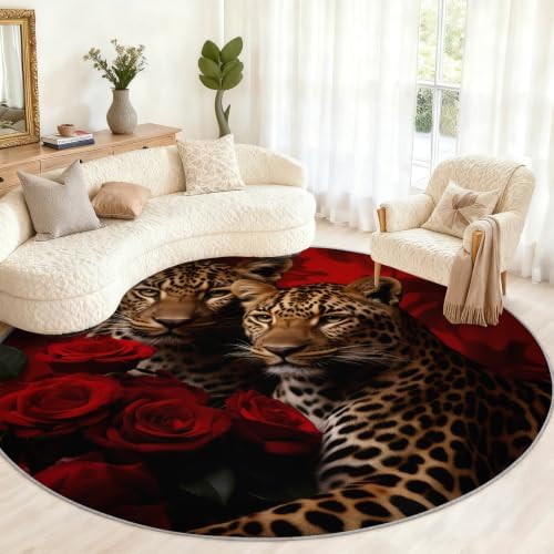 Leopard Round Rug - 6ft Washable Cheetah Print Round Area Rug for Living Room, Animal Floral Circle Rugs Soft Non-Slip Carpet for Bedroom Dining Table Decor Mat