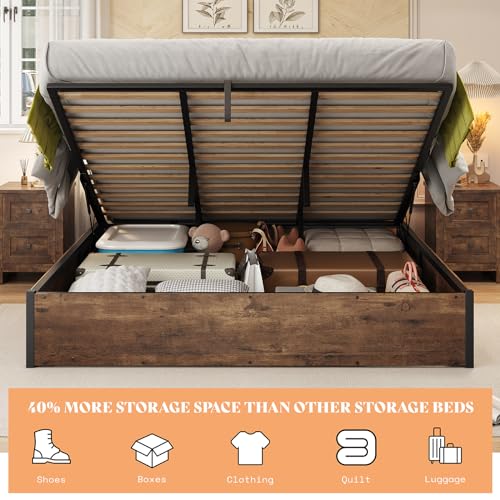 King Lift Up Storage Bed Frame, Rustic Brown