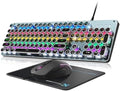 Typewriter Style Mechanical Gaming Keyboard Blue Switch, Rainbow LED Backlit Wired Computer Keyboards Mouse and Pad Combo, Metal Panel Retro Punk Round Keycaps, 104 Keys Anti-Ghost for PC Laptop Gamer