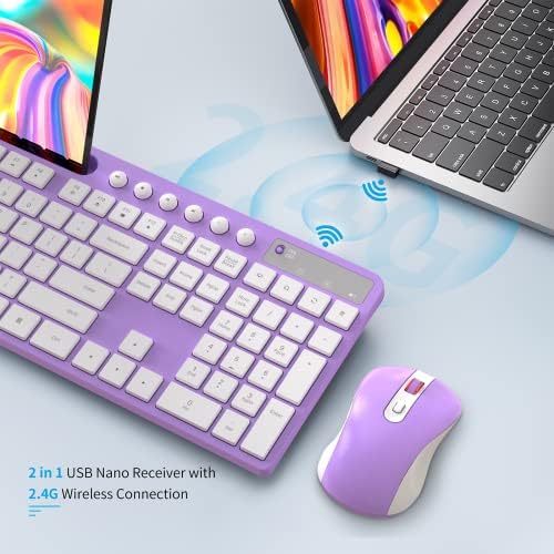 MARVO Wirelss Keyboard and Mouse Combo with Phone Holder, Full-Size, Purple
