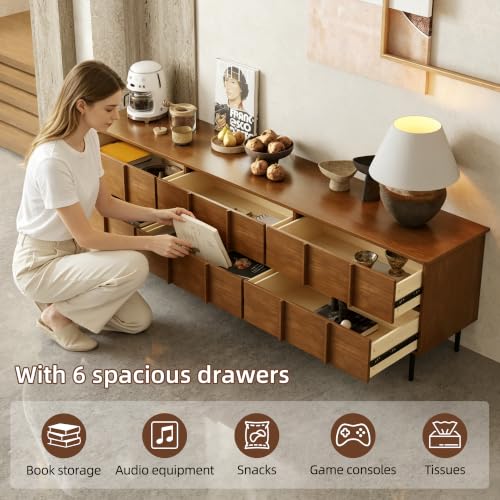 86" Modern Solid Wood Media Console, 6-Drawer Storage Sideboard