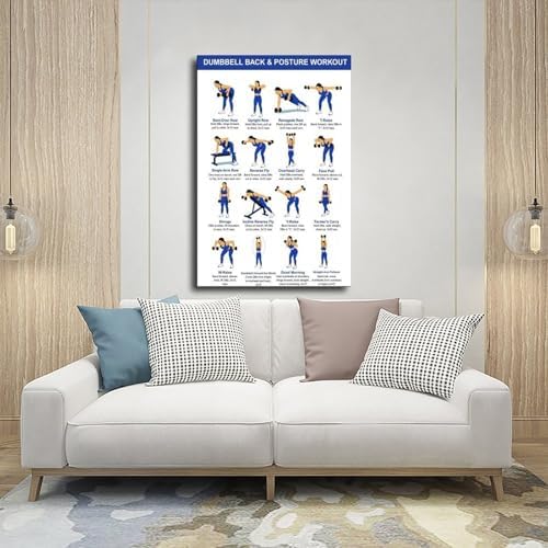Dumbbell Back And Posture Workout Upper Back Strength Training Exercises Chart Beginner Friendly Fitness Canvas Poster Bedroom Decor Room Decor Frame 12x18inch