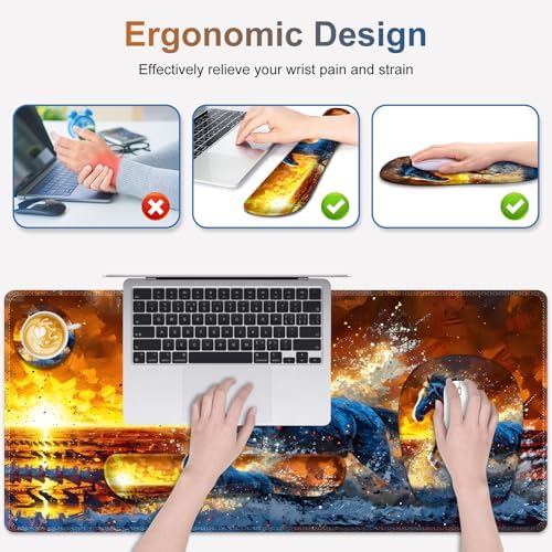 Large Mouse Pad, Keyboard Wrist Rest Set, Ergonomic Mouse Pad with Wrist Support, Desk Mat with Stitched Edges + Coaster, Extended Desk Pad Waterproof Desk Mat for Home Office Game I Running Horse