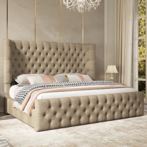 Queen Bed Frame Upholstered Wingback Headboard & Footboard,Khaki