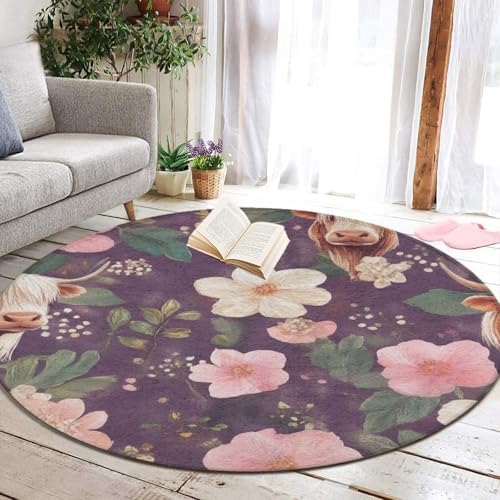 Large Round Area Rug Home Decor Modern Bathroom Rug Kitchen Office Circle Rug for Living Room Sofa Circle Cute Mat Highland Cow Pink Flowers Art, 60inch
