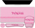 Mouse Pad with Wrist Support 4 in1 Set, XXL Big Game Mousepad + Keyboard Wrist Rest + Mouse Wrist Rest Pad +Coaster Gaming Mat for Home Office Work Computer Laptop I Pink Checkered Princess Girl