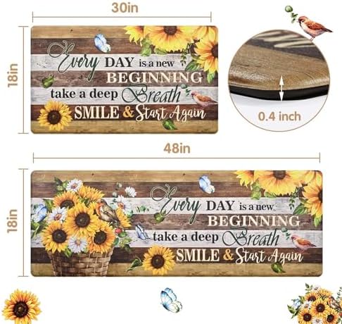 Likiyol Sunflower Kitchen Rugs Set of 2 Farmhouse Kitchen Mats for Floor, Anti Fatigue Mats for Kitchen Floor Butterfly Floral Floor Mat Non Slip Washable, 18''x 30''+18''x 48''