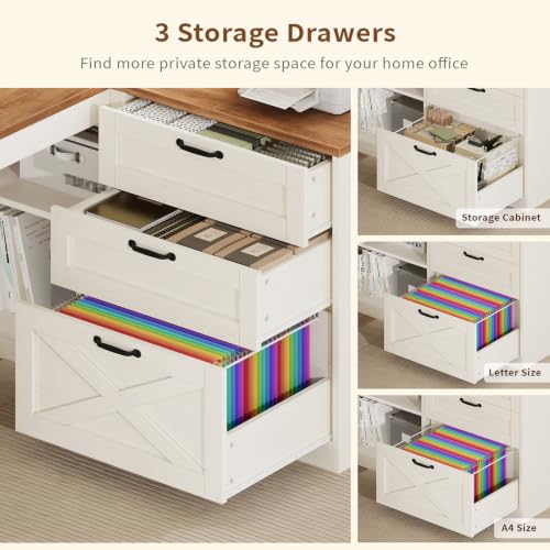 Farmhouse L Shaped Computer Desk with Drawers, Power Outlet for Home Office
