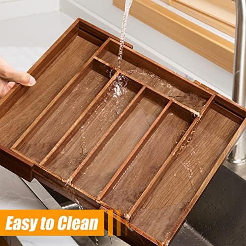 Bellsal Acacia Silverware Organizer Kitchen Drawer Organizer Expandable Bamboo Utensil Holder Cutlery Tray for Kitchen Utensil and Flatware Bedroom Office