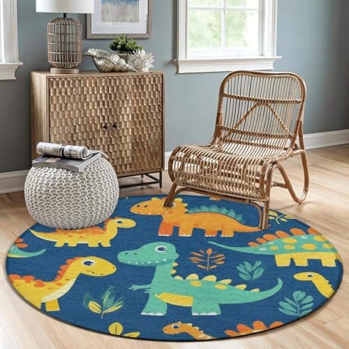 Soft Round Yoga Carpet, Office Chair Decor Round Mat for Carpet and Hardwood Floors Cute Dinosaur