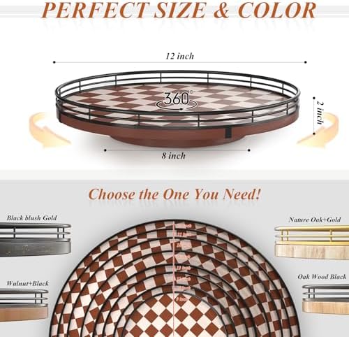 AMH 12-Inch Brown Checkerboard Lazy Susan with Black Metal Rail