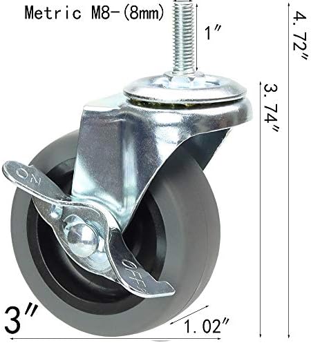 3 Inch Stem Caster Wheels with Locking Brake，Soft Rubber Non Marking No Noise Casters, M8-1.25 Industrial Threaded Stem Heavy Duty Castor for Carpet Hardwood Floors, Set of 4