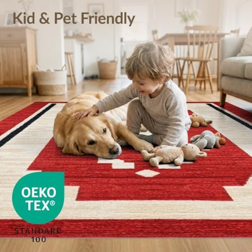 4'x6' Red Ivory Cat Crimson Boho Geometric Washable Area Rug