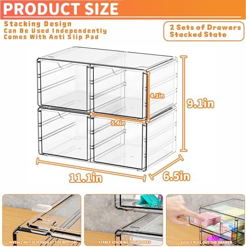 Yieach 2 Pack Acrylic Storage Drawers With 4 Drawers,Stackable Desk Organizers and Makeup Organizer,Large Clear Office Supplies Organizer for Pen,Medical,Art Craft,Stationery Organizer for Countertop