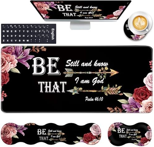 Keyboard Wrist Rest and Mouse Pad with Wrist Support Set Ergonomic Coaster,Memory Foam,Easy Typing Pain Relief,Large XL Desk Mat 31.5"x 11.8",Bible Verse Psalm 46-10 Adorable Peony Flower