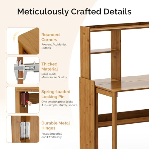 Folding Desk with Bookshelf, Compact Foldable Desk for Small Spaces,Brown