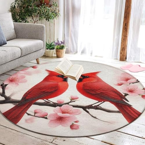 Soft Round Yoga Carpet, Large Home Decor Mat, Non Slip Machine Washable Kitchen Office Circle Rug Cherry Flower Floral Blossom Red Cardinal Branch