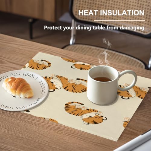 Cute Tiger in Tan Placemats, Sleeping Tigers Pattern Place Mats for Dining/Kitchen Table Waterproof Washable Linen Heat Insulation Dinner Table Mats 12X18 in 8 Pcs