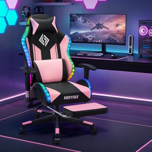 HOFFREE RGB Gaming Chair for Kids LED Computer Chair 155°Recliner-Pink