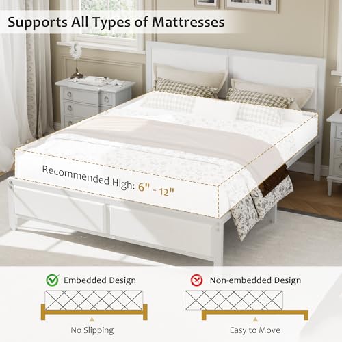 Queen Size Bed Frame with Headboard, Heavy-Duty Metal Platform Bedframe & Wood-Grain Finish Board, No Box Spring Needed, Easy Assembly, White
