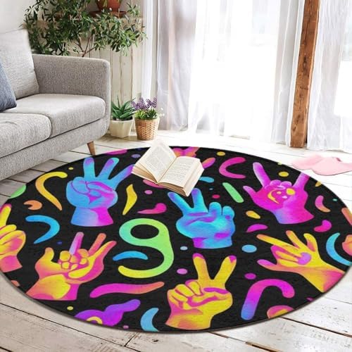 Large Machine Washable Circular Rugs, Home Decor Round Mat for Living Room Sofa Office Trippy Neon Hands