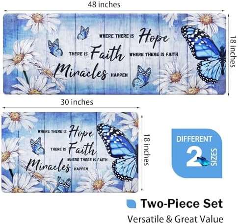 Likiyol Butterfly Kitchen Rugs Set of 2 Kitchen Mats for Floor Farmhouse Anti Fatigue Mats for Kitchen Floor, Daisy Kitchen Rugs Non Slip Washable Standing Floor Mats, 18'' x 30'' + 18'' x 48'', Blue