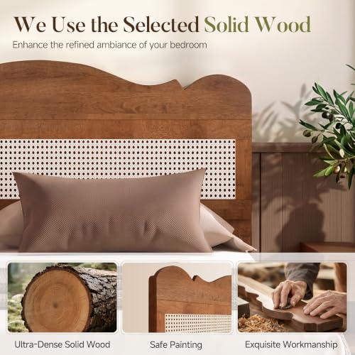 Solid Wood Bed Frame King Size with Adjustable Headboard,Brown